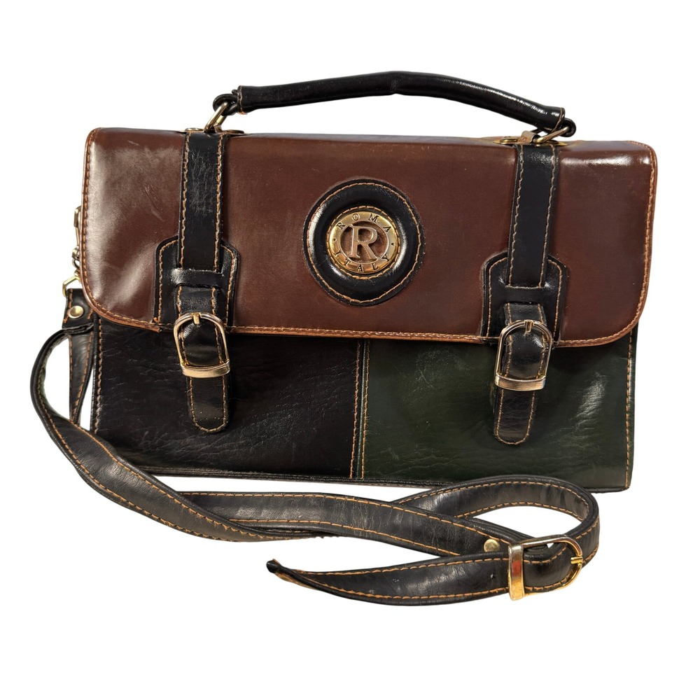 Vintage Roma Italy Colorblock Leather Satchel Crossbody‎ Bag Brown Black Green